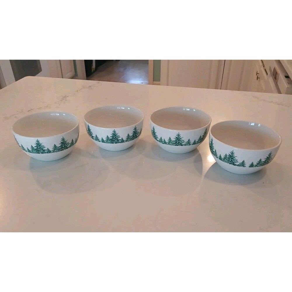 4 Royal Norfolk Soup/Cereal Bowls Winter Woodland Green Pine Trees Christmas NWT